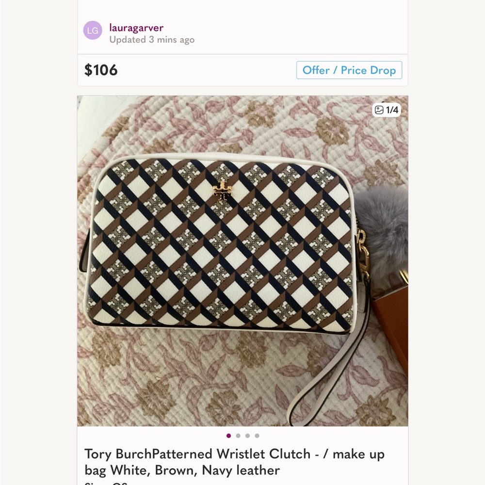 Tory Burch White, Brown & Navy Patterned Wristlet Clutch with Detachable Strap
